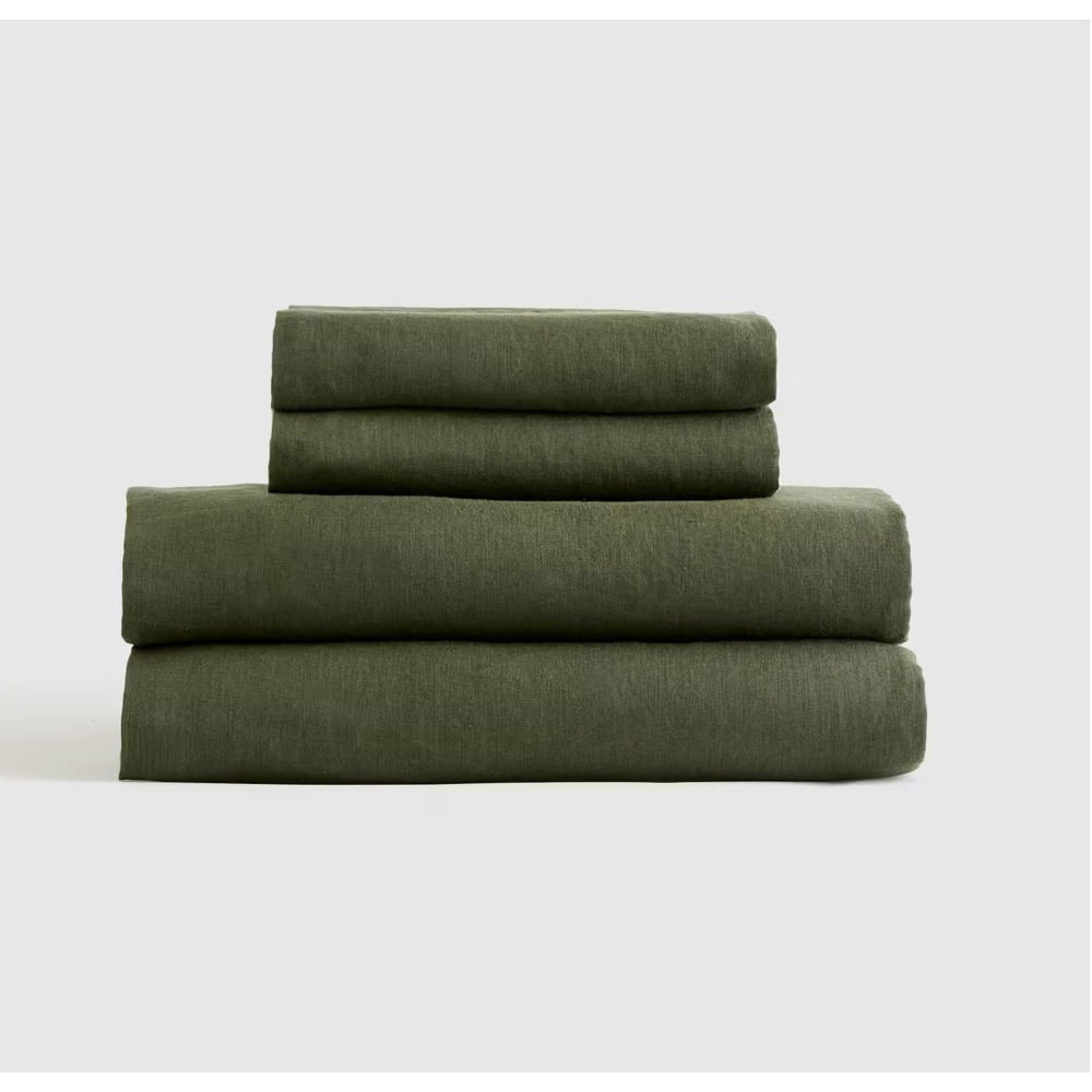 Quince European Linen Fitted Sheet Set Twin XL Size Pine Green 3 Piece